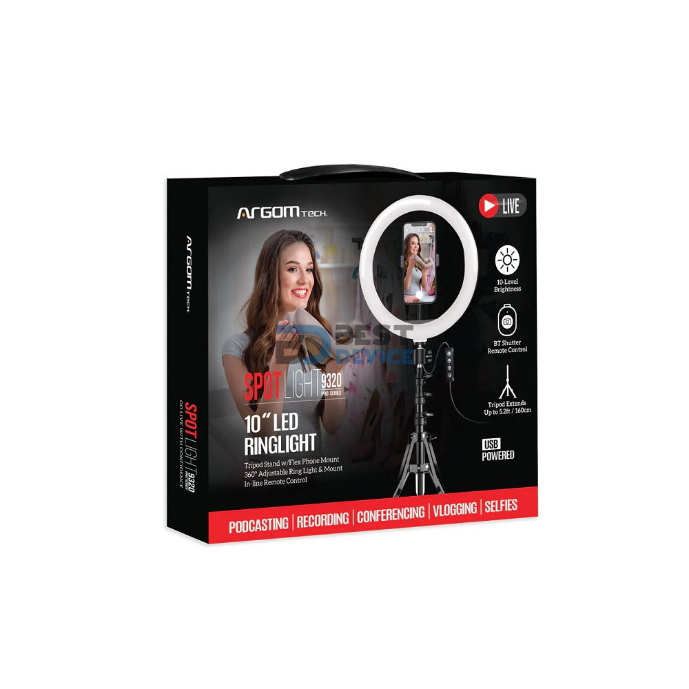 SPOTLIGHT ARO ARGOMTECH CON TRÍPODE Y SOPORTE PARA CELULAR ARG-LP-9320BK BT