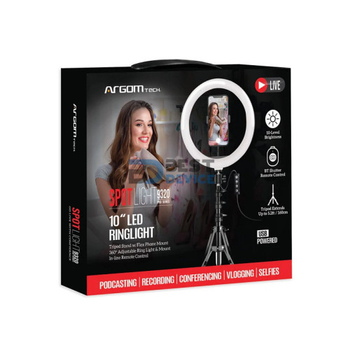 SPOTLIGHT ARO ARGOMTECH CON TRÍPODE Y SOPORTE PARA CELULAR ARG-LP-9320BK BT