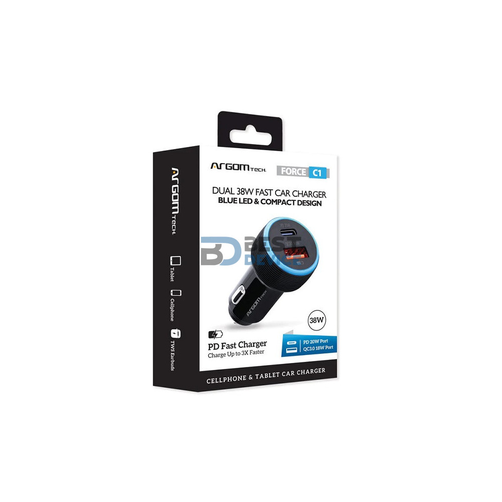 CARGADOR PARA AUTO ARGOMTECH ARG-AC-0118BK PD TIPO-C+USB