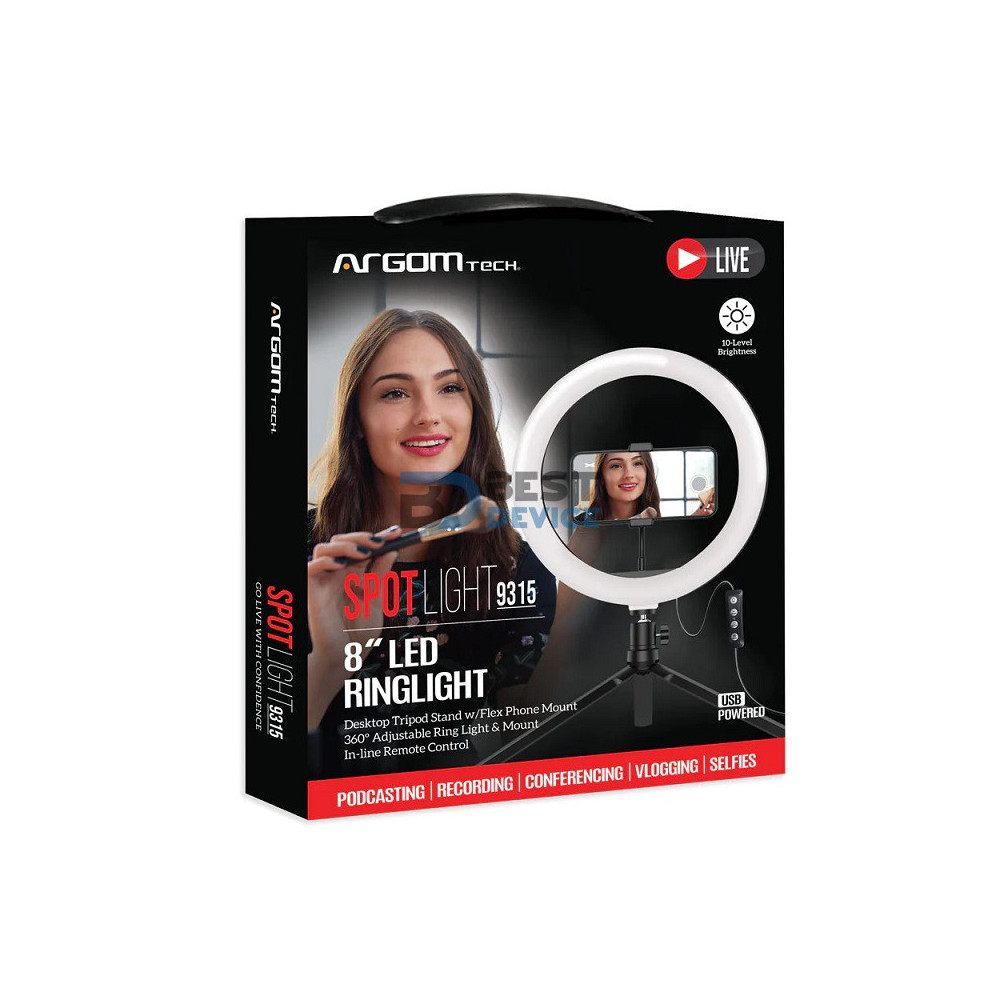 SPOTLIGHT ARO ARGOMTECH ARG-LP-9315BK CON TRIPODE Y SOPORTE PARA CELULAR