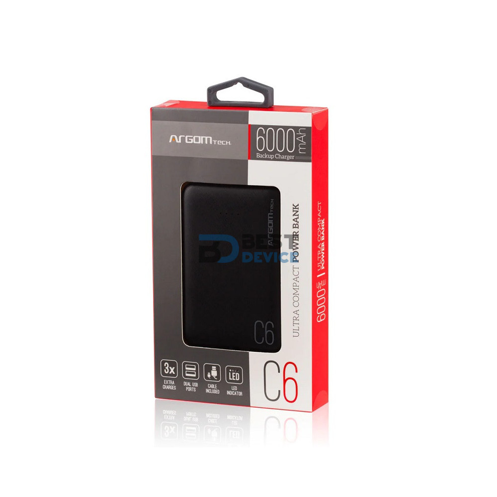CARGADOR PORTÁTIL ARGOMTECH ARG-PB-1136BK 6.000mAh NEGRO