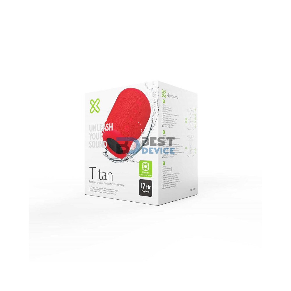 PARLANTE KLIP XTREME 12W KBS-200RD TITAN AUX/BT/BAT/IPX7/TWS/ROJO