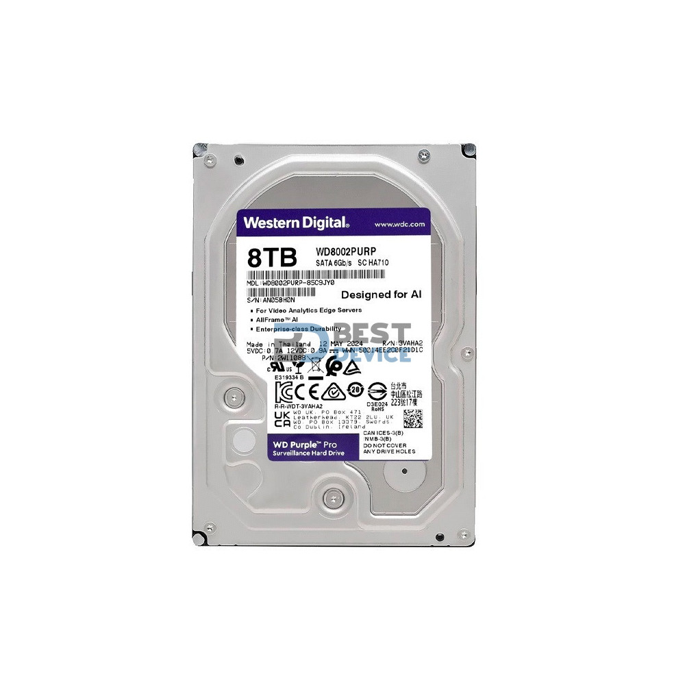 DISCO DURO WESTERN DIGITAL 8 TB PURPLE PRO 7200 256MB WD8002PURP SURVEILLANCE 