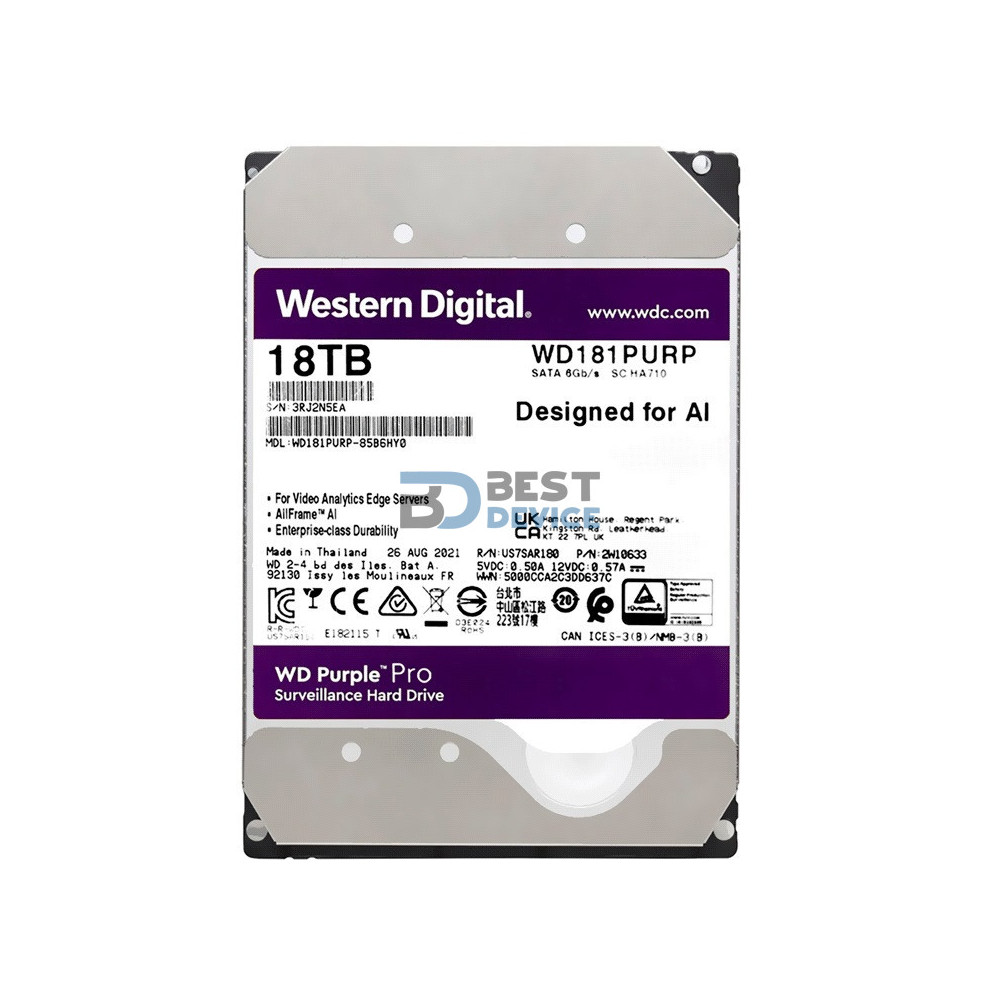 DISCO DURO WESTERN DIGITAL 18 TB PURPLE PRO 7200 512MB WD181PURP SURVEILLANCE 