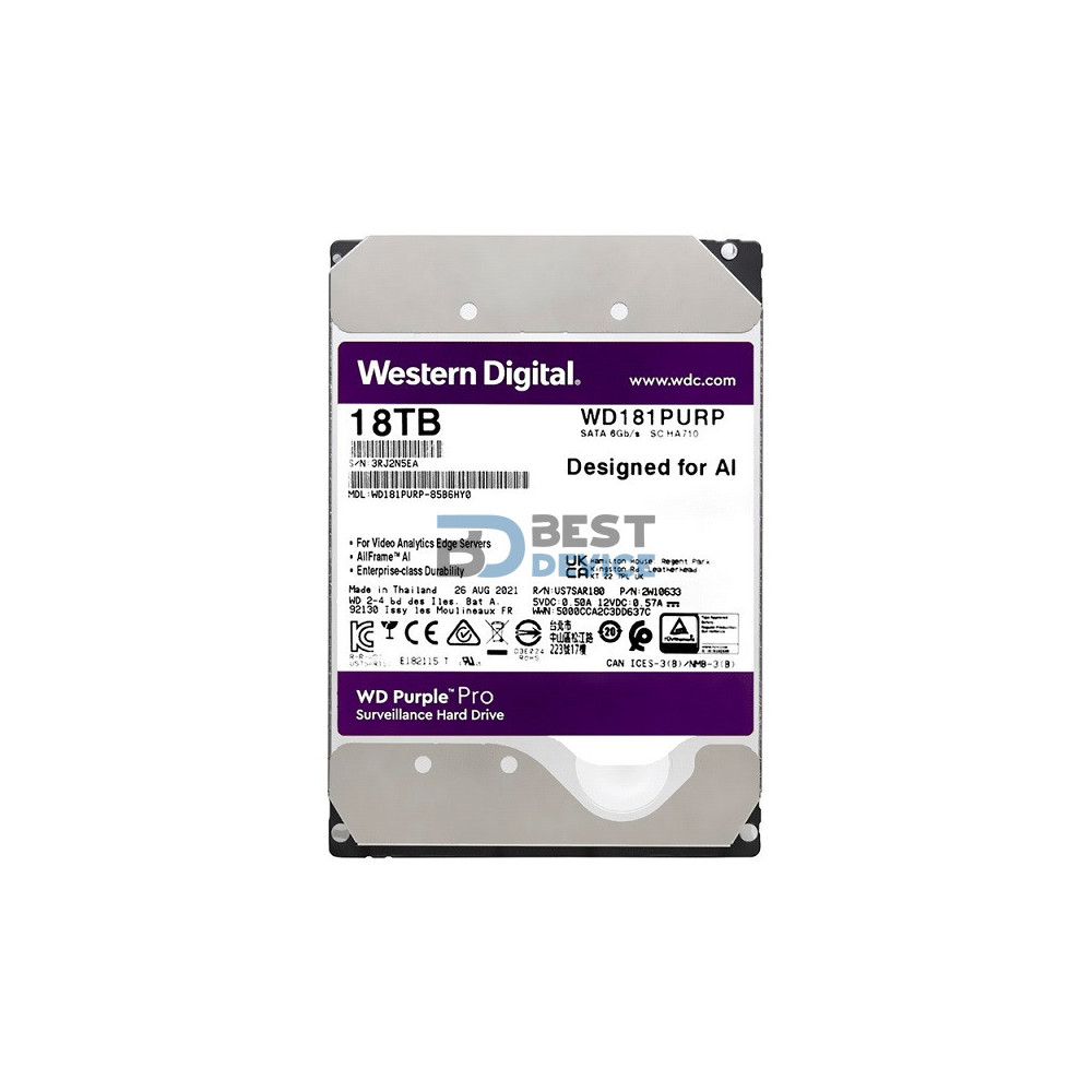 DISCO DURO WESTERN DIGITAL SATA3 18TB PURPLE PRO 7200 512MB WD181PURP SURVEILLANCE DISCO DURO WESTERN DIGITAL SATA3 18TB PURPLE PRO 7200 512MB WD181PURP SURVEILLANCE