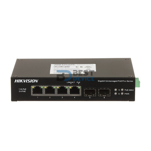 SWITCH INDUSTRIAL HIKVISION DS-3T0506HP-E/HS 6P/4POE GBPS/2SFP METAL