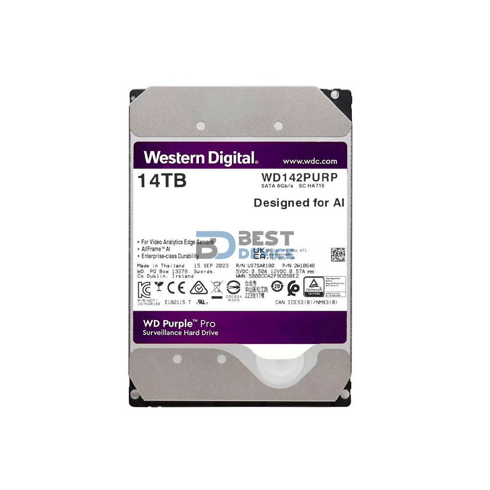 DISCO DURO WESTERN DIGITAL 14 TB PURPLE PRO 7200 512MB WD142PURP SURVEILLANCE DISCO DURO WESTERN DIGITAL 14 TB PURPLE PRO 7200 512MB WD142PURP SURVEILLANCE