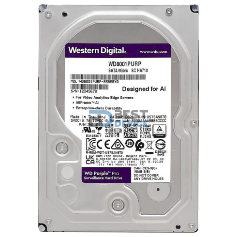 DISCO DURO WESTERN DIGITAL SATA3 8TB PURPLE PRO 7200 256MB WD8001PURP SURVEILLANCE